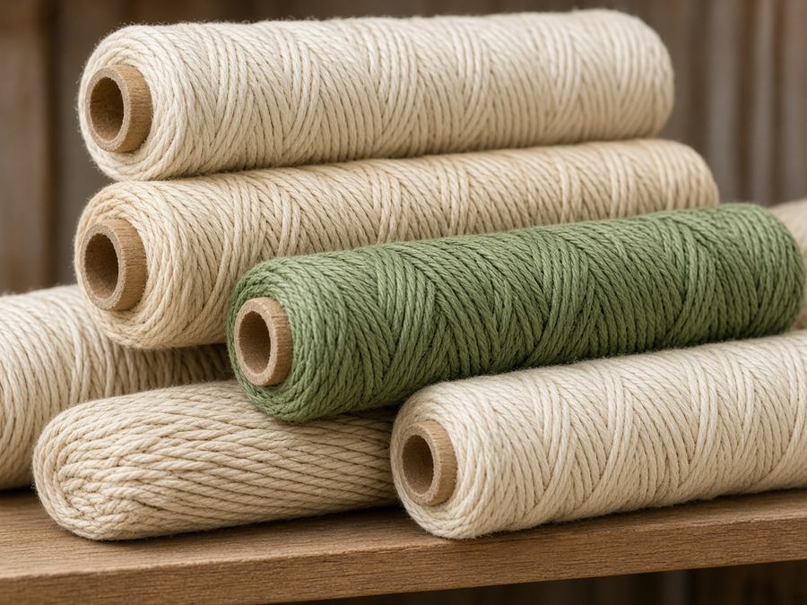 Natural cotton cord in cream, ecru, and moss.