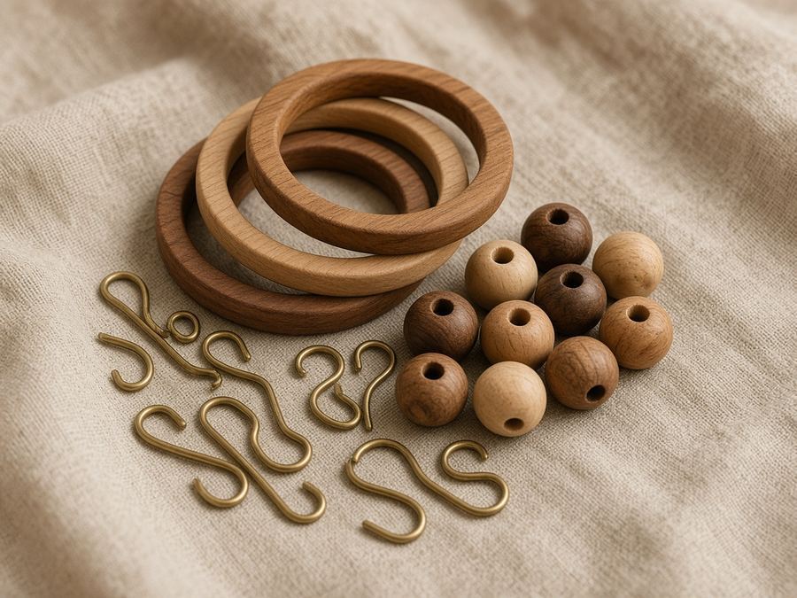 Wooden rings, beads, and brass hang hooks.