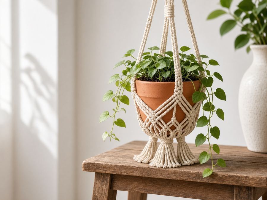 A plant hanger with stepped knots and a terracotta pot pocket for trailing greens.