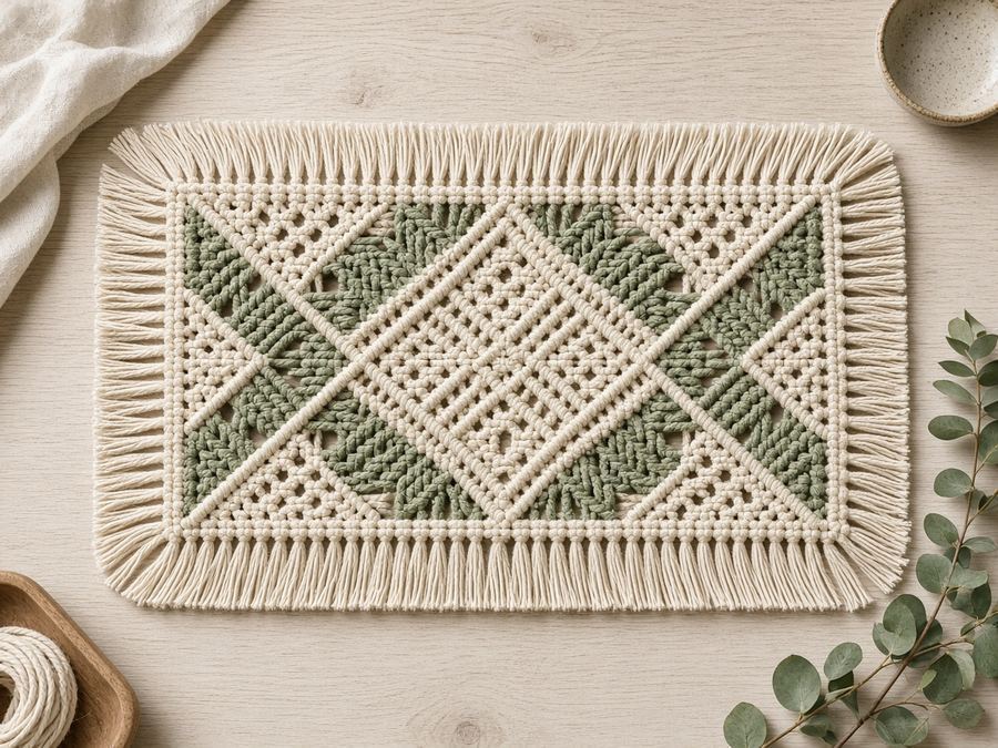 A table runner in cream and sage with geometric repeats and soft fringe.